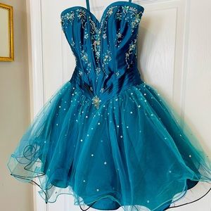 Mori Lee Prom Dress Cocktail Teal Blue Tulle Rhinestone Corsette